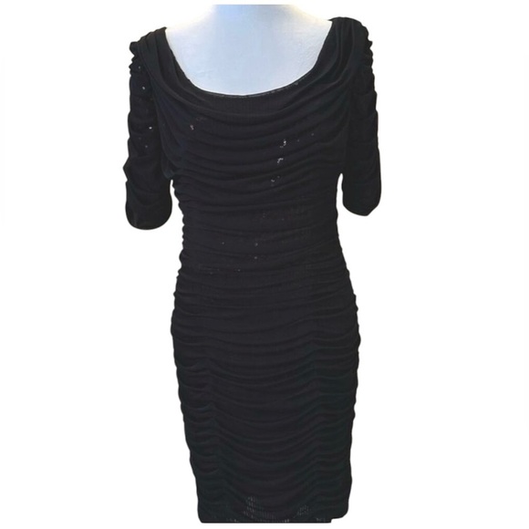 ALEX EVENINGS- Dress - Shimmering Rose Sequin Covered Ruches Black Chiffon SZ 6 - Picture 4 of 9